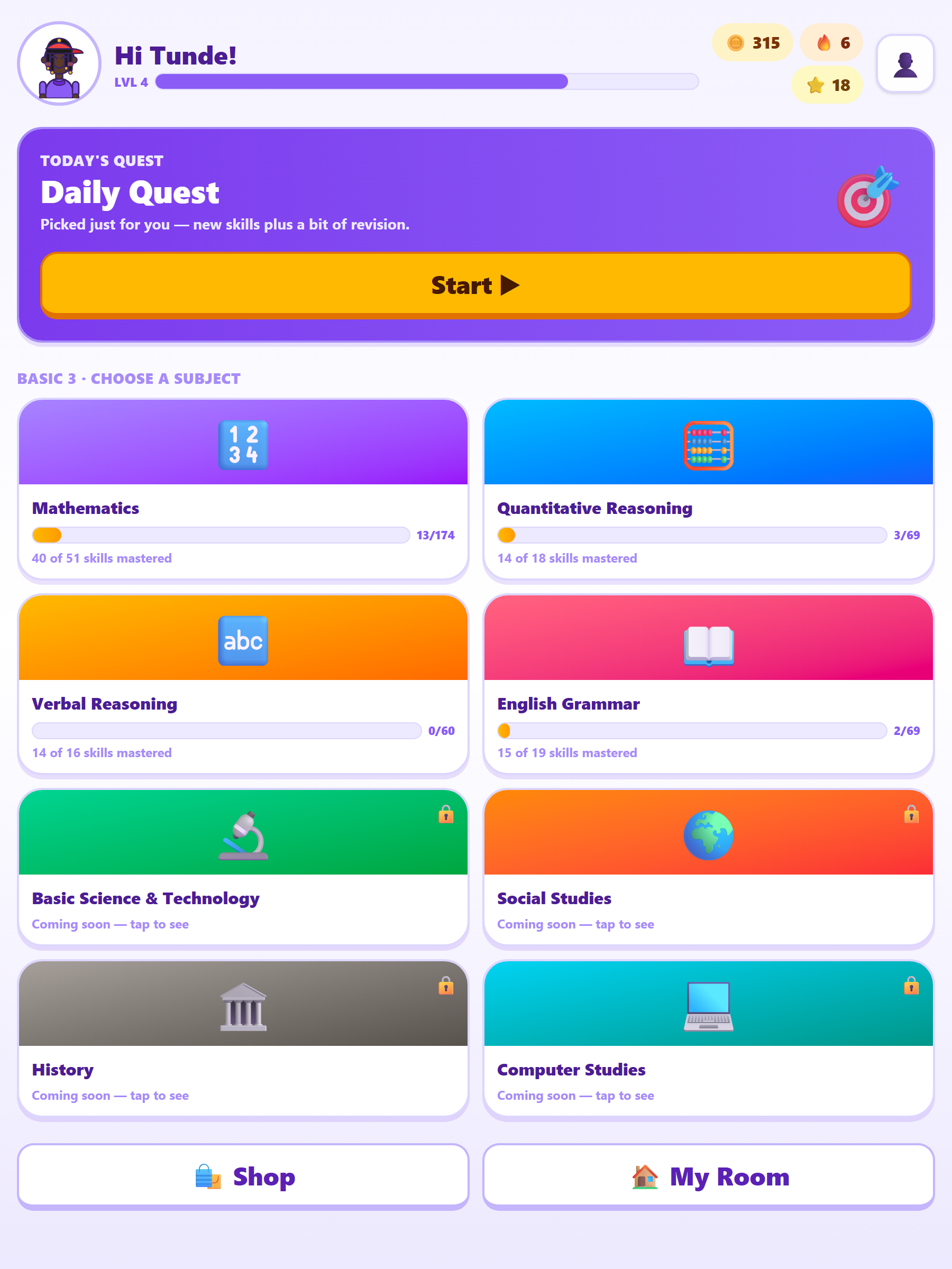The Brainy home screen showing the daily quest and subject grid